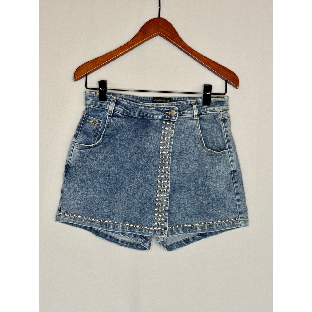 House of Harlow 1960 Silver Studded Wrap Front Stretch Denim Mini Skort Large
